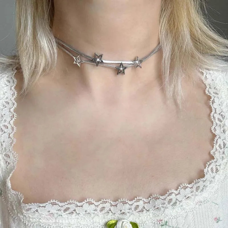Y2K Hollow Star Double Layered Choker Necklaces for Women Punk
