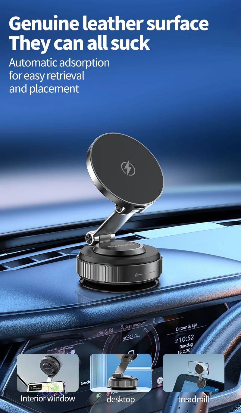 Magnetic Wireless Charger Holder Vacuum Phone Stand for Magsafe iPhone 16-12 Pro Max 360° Adjustable Suction Cup Car Dashboard