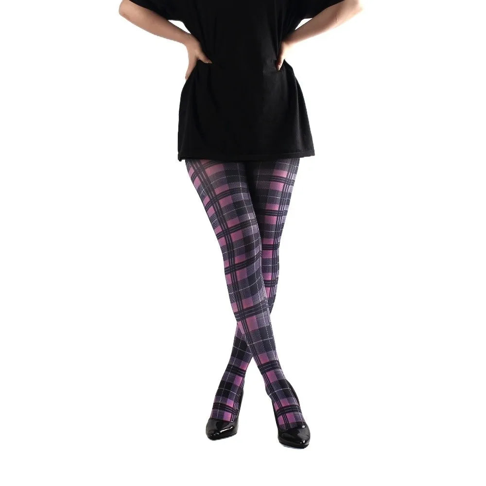 Fashion Classic Tartan Women's Pantyhose Red Purple Blue Semi-Opaque High Pantyhose Scottish Check Pattern Printed Tights