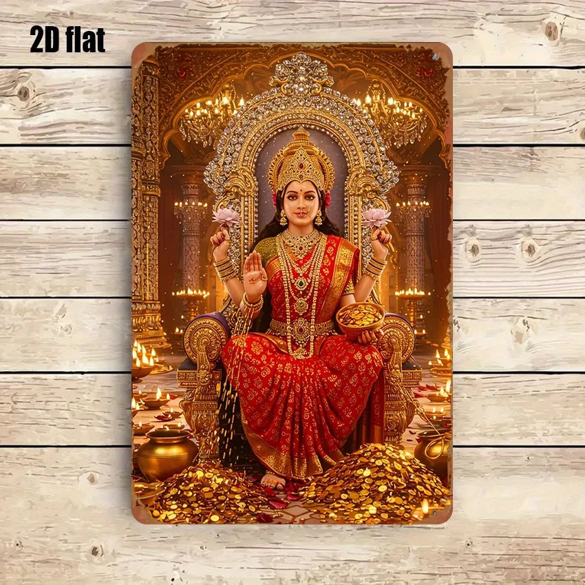 Metal Goddess Durga Lakshmi Statue - Iron Wall Art Decor with Gold Red Sari, 20x30cm Hindu Altar & Home Temple Decor, Spiritual