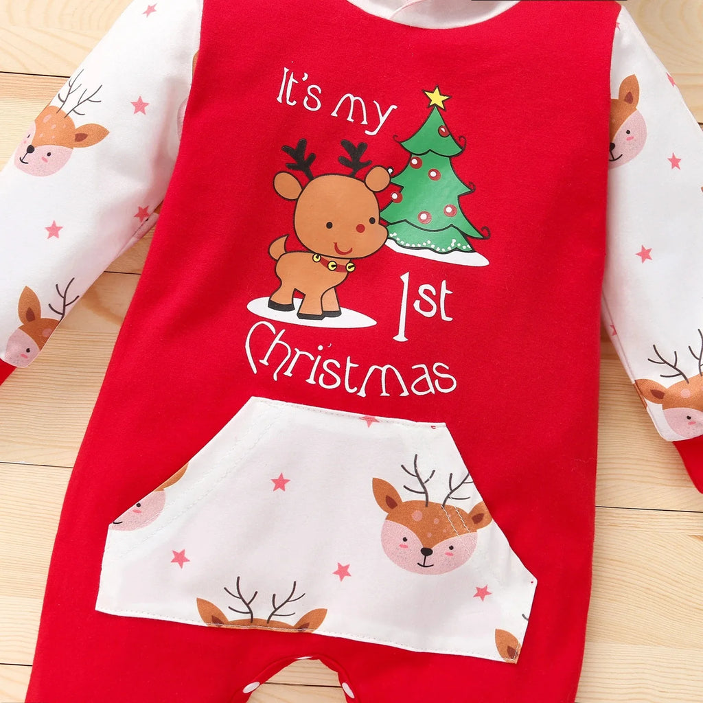 Autumn Baby Girl Deer Print Christmas Jumpsuit Long-Sleeved Front