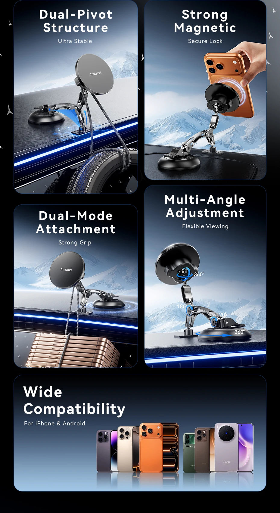 Toocki Magnetic Car Phone Holder 15W Wireless Charger Dual Pivot Mount Car Phone Stand for iPhone 17 16 15 Pro Max for Magsafe