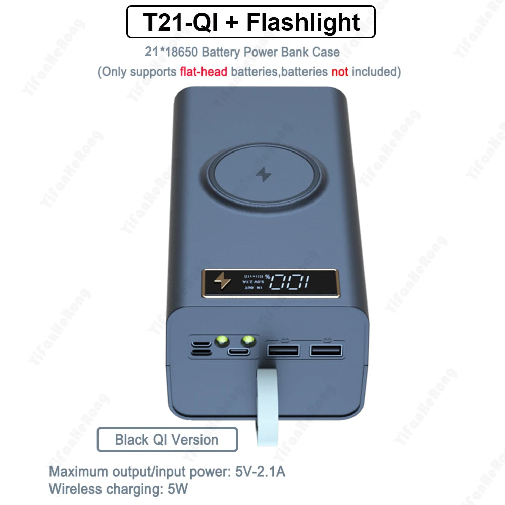 Dual USB 21*18650 Power Bank Battery Box Support Quick & Wireless Charger DIY Shell Case 18650 Battery Storage Box Holder
