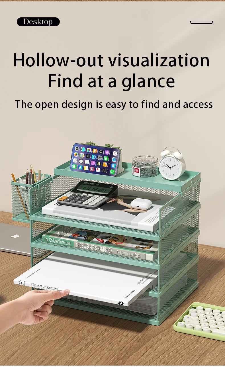 4-Tier Green Stackable Letter Tray Office Desk Organizer File Trays, Desktop Holder for Paper Letter Accessories with Pen Holder
