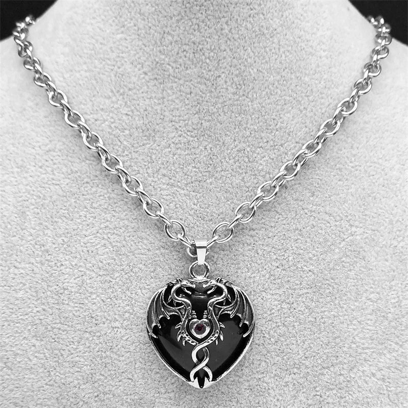 Goth Double Dragon Heart Black Stone Necklace Men Women Stainless