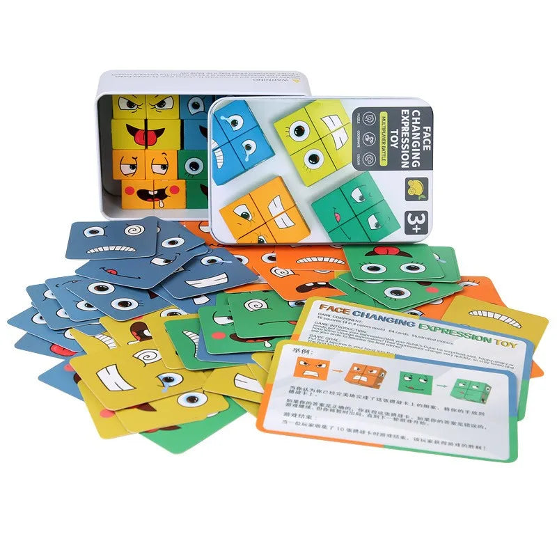 Cube Face Changing Building Blocks Board Game Cartoon Puzzle Montessori Toys Wooden Level Game Thinking Challenge Kids Toys