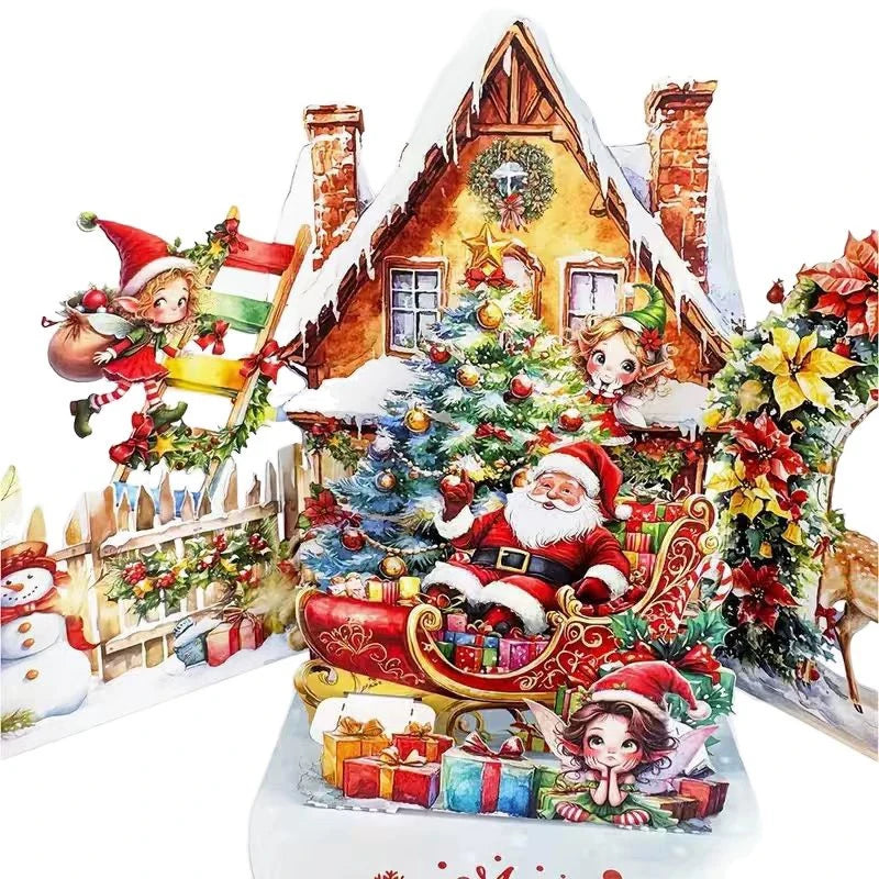 3D Christmas Card Night Before Christmas Scene With Santa, Reindeer, Snowy Village & Moonlit Sky Festive Holiday Greeting Card F