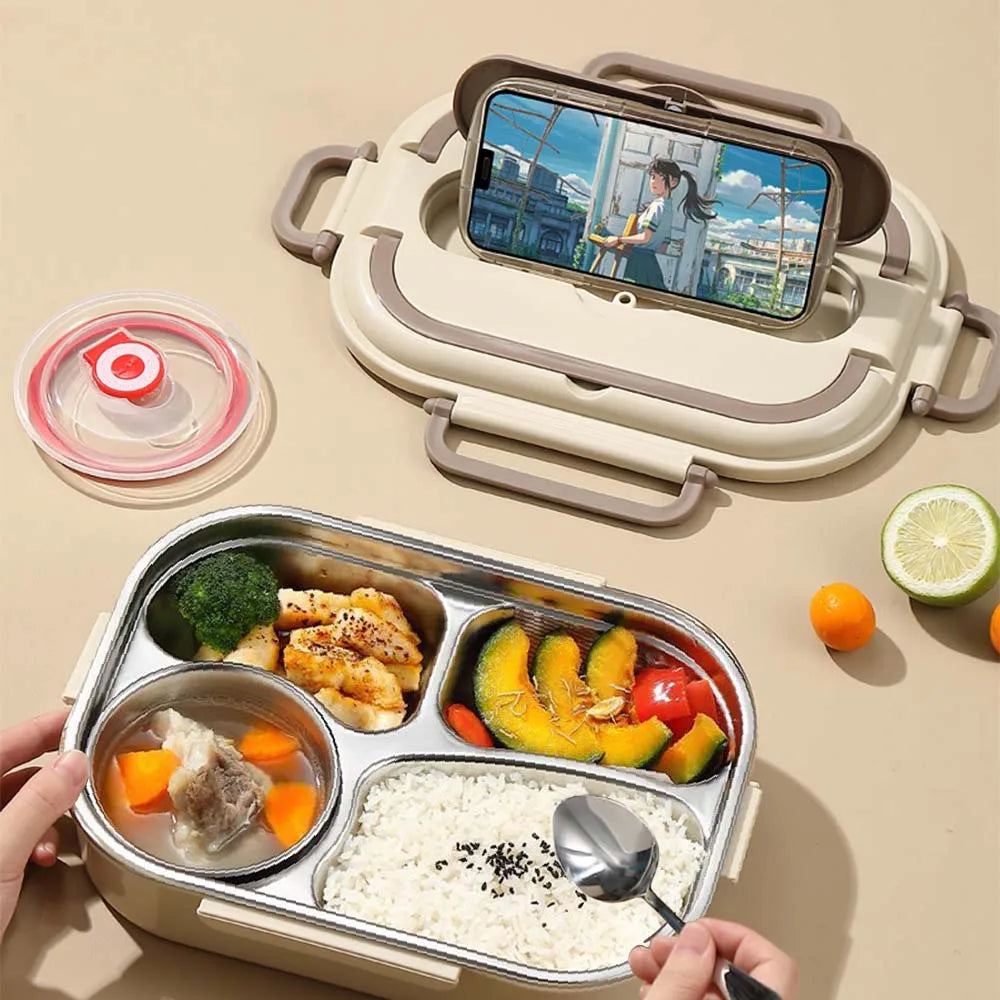 304 stainless steel lunch box with soup bowl, 4 compartments, equipped with spoon chopsticks, portable handle, microwave heating