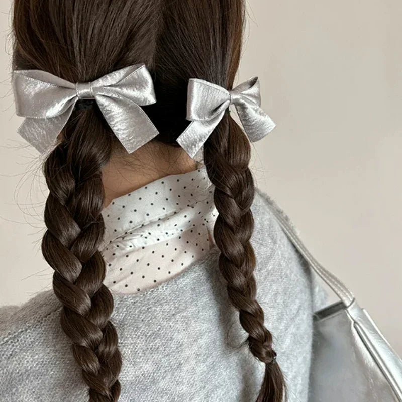 2/4Pcs Y2K Silver Bow Hair Clips PU Barrettes for Girl Kids