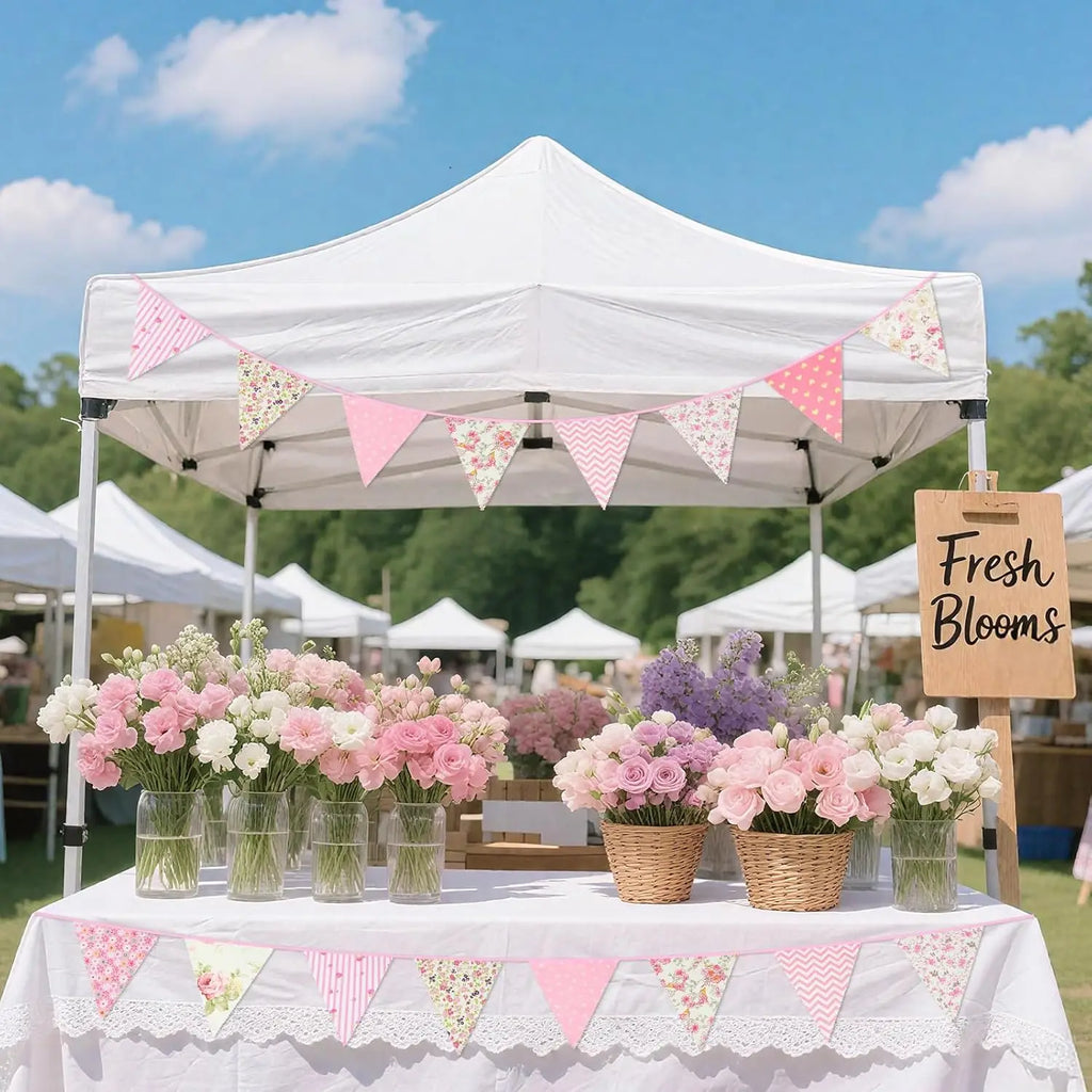 33Ft Floral Fabric Bunting Banner Cotton Rustic Flowers Triangle