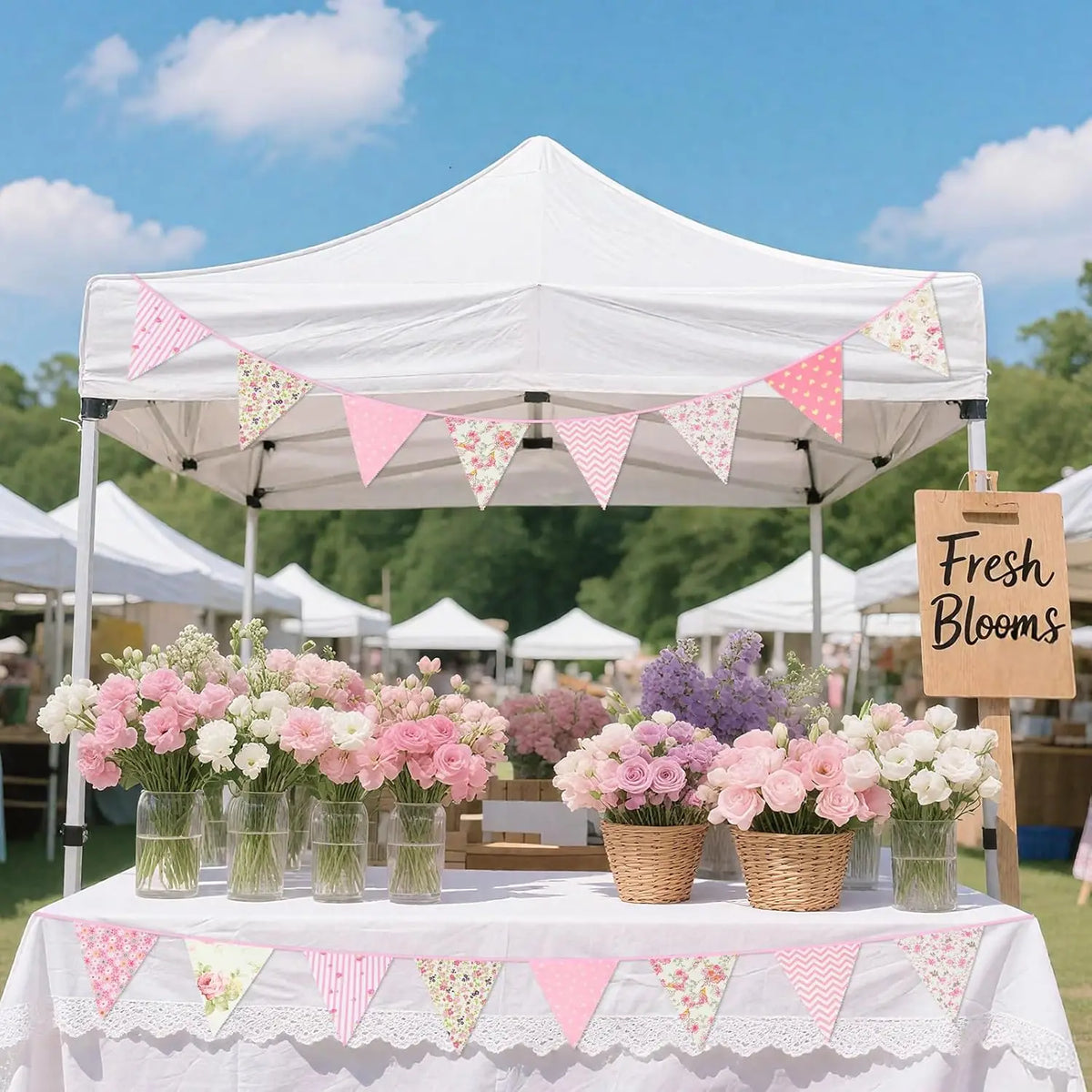 33Ft Floral Fabric Bunting Banner Cotton Rustic Flowers Triangle