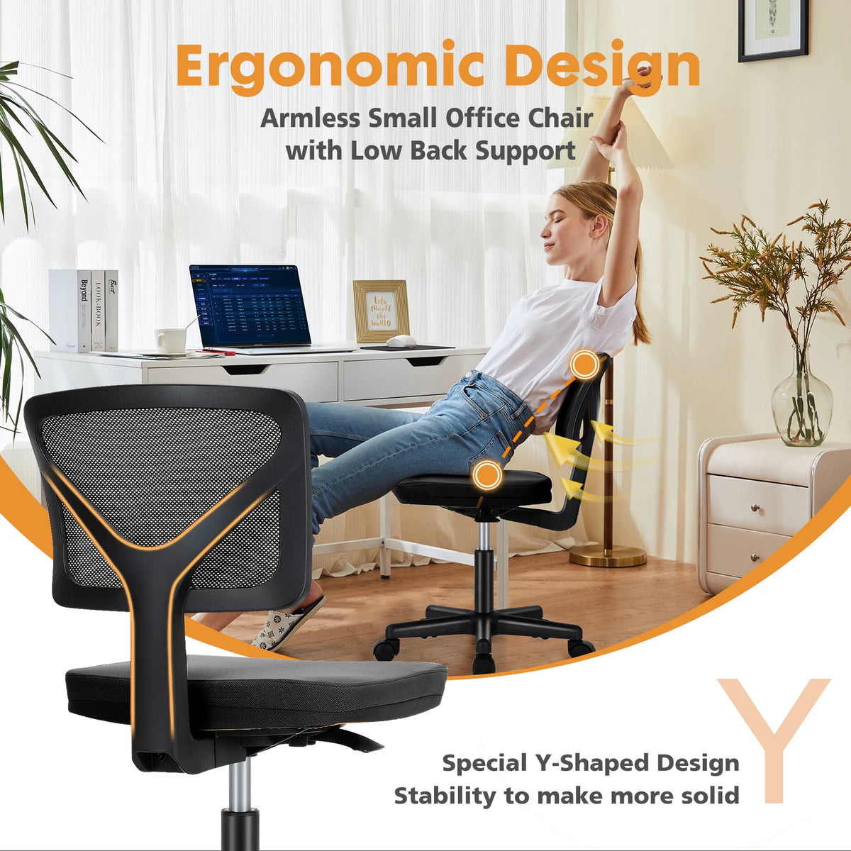 JHK Mesh with Lumbar Support Armless Office Chair Low