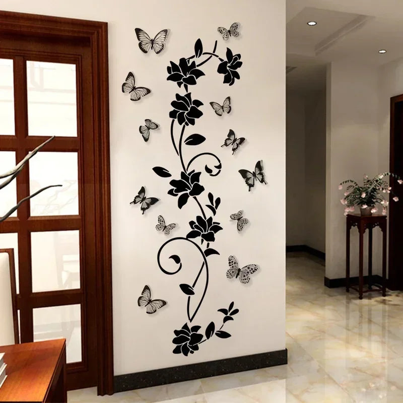 2024 New 3D Butterfly Wall Stickers  Black Flower Rattan Living Room Background Room Wall Stickers Dark Style 38*43cm Home Decor