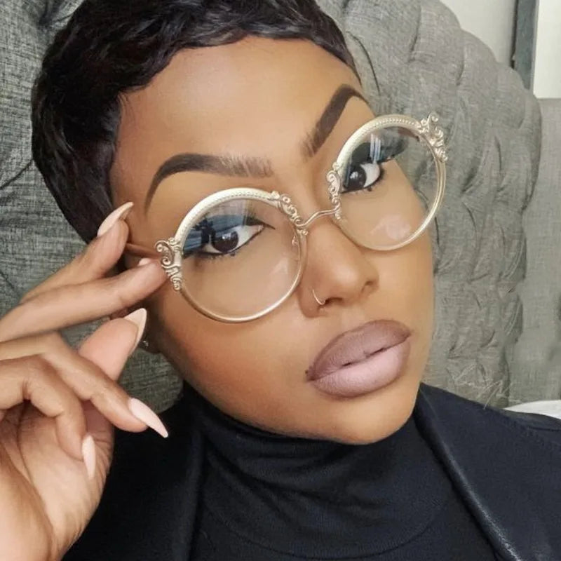 Gold Clear Carving Round Reading Glasses Women Unique Vintage Prescription Eyeglasses Metal Frame Blue Light Blocking Glasses