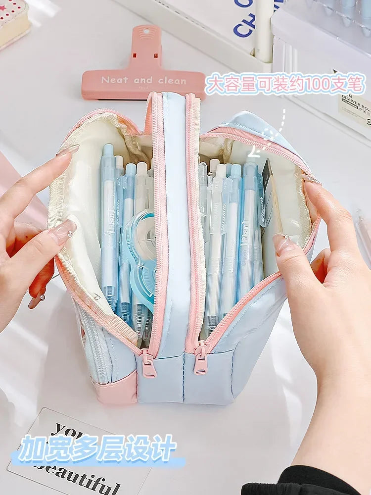 Kawaii Pencil Bag Large Capacity 3 Compartments Pencil Case Pen Pouch Desk Organizer School Supplies Cute Korean Stationery