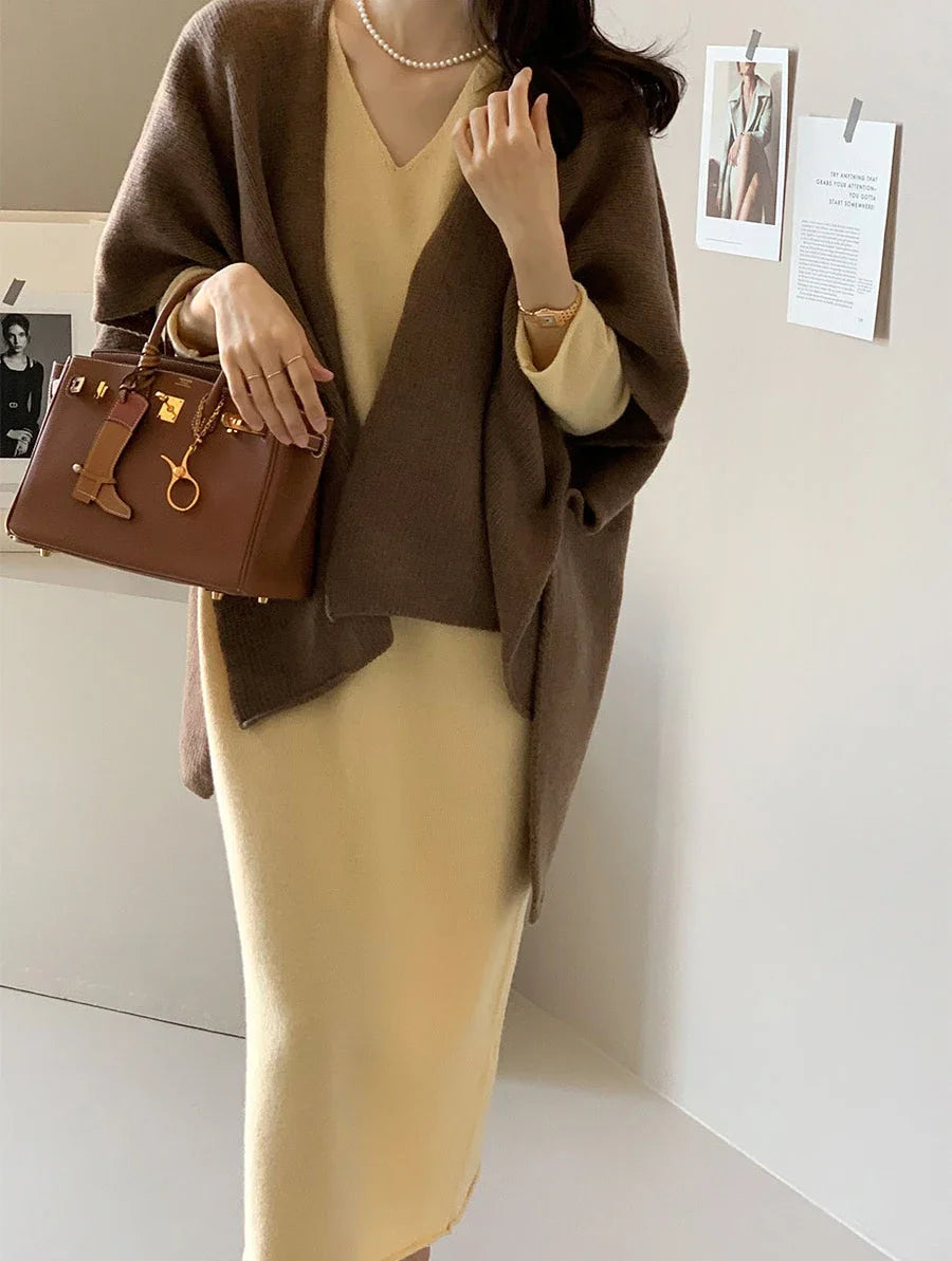 Fashion Elegant Knitted Shawl Jacket Korean Style Women's Casual Loose Warm Cloak Top Solid Color Knitted Cardigan Sweater Coats