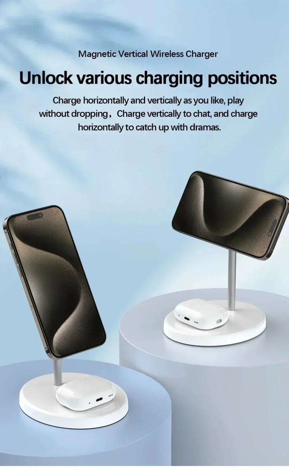 2 In 1 Fast Wireless Charging Station Dock Magnetic Wireless Charger Stand Phone Earphone For iPhone 16 15 14 13 12 For Airpods