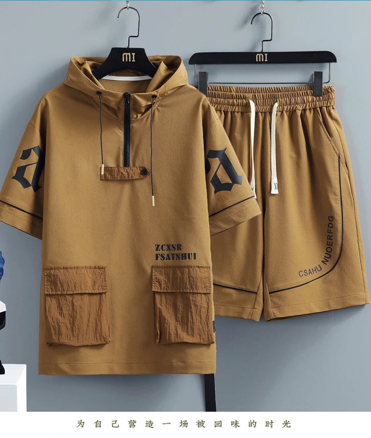 2 Pcs/Set Men Tracksuit Short Sleeve Hoodies+Pants Hooded Elastic Waist Summer Hip Hop Sweatshirt Sweatpants Loose Set