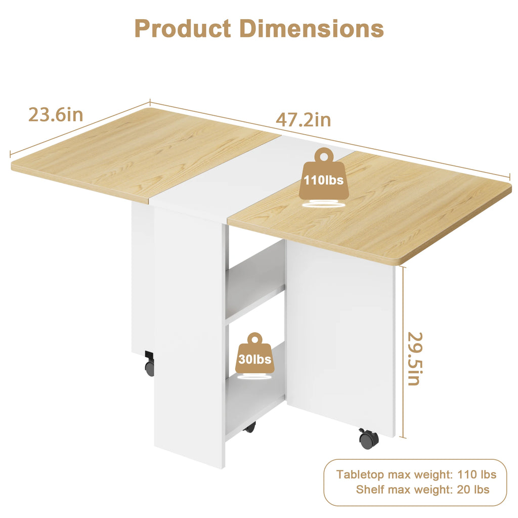 Folding Dining Table With Wheels And 2 Tier Storage