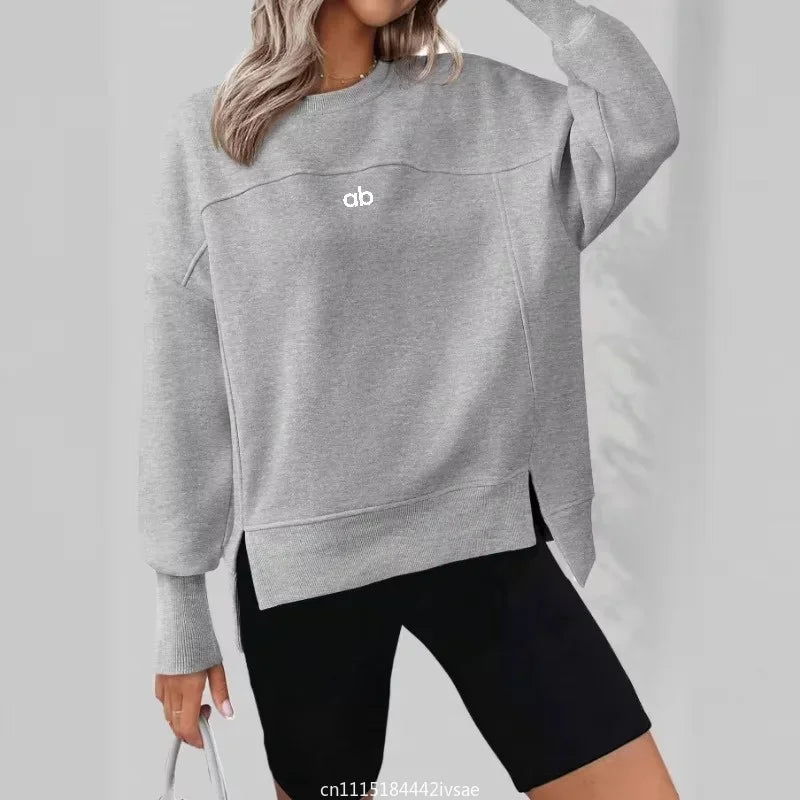 Women Autumn Winter Crew Neck Sweatshirt Long Sleeve Split‑hem