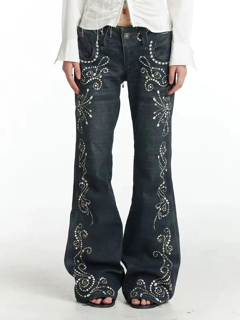 Vintage Gem Floral Print Low Waist Flared Pants Women Retro Y2K - Blue