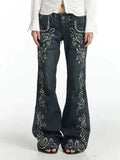 Vintage Gem Floral Print Low Waist Flared Pants Women Retro Y2K - Blue