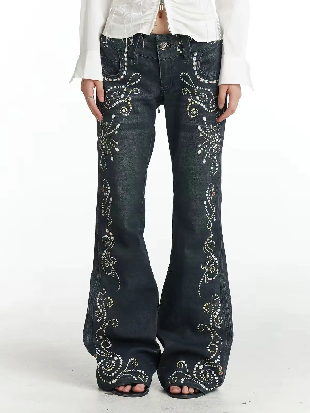 Vintage Gem Floral Print Low Waist Flared Pants Women Retro Y2K - Blue