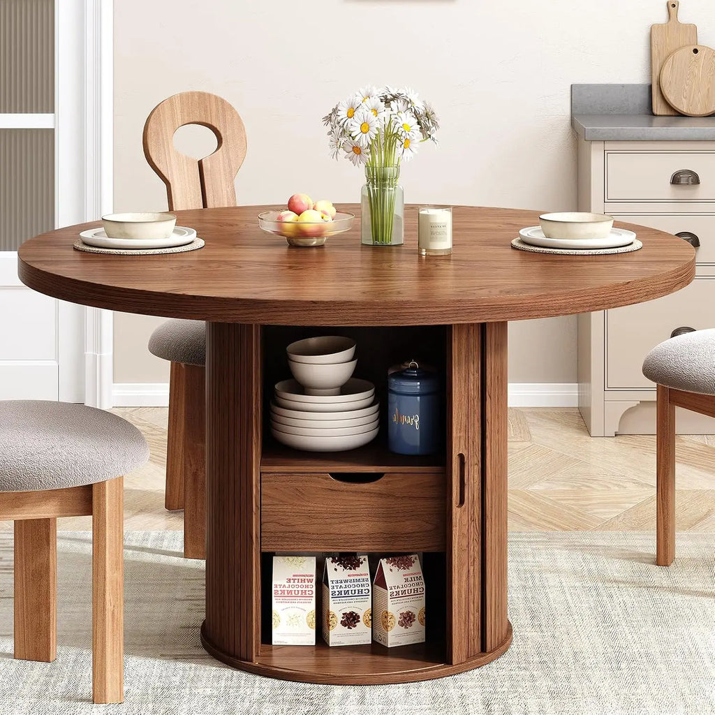 47-Inch Round Walnut Dining Table With Storage