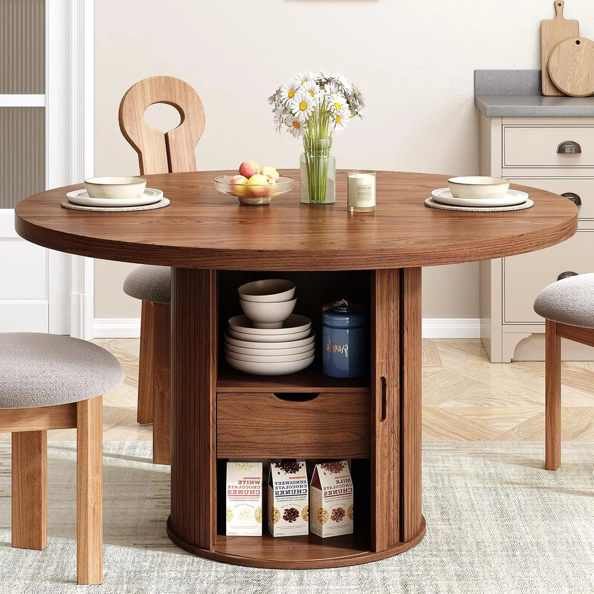 47-Inch Round Walnut Dining Table With Storage