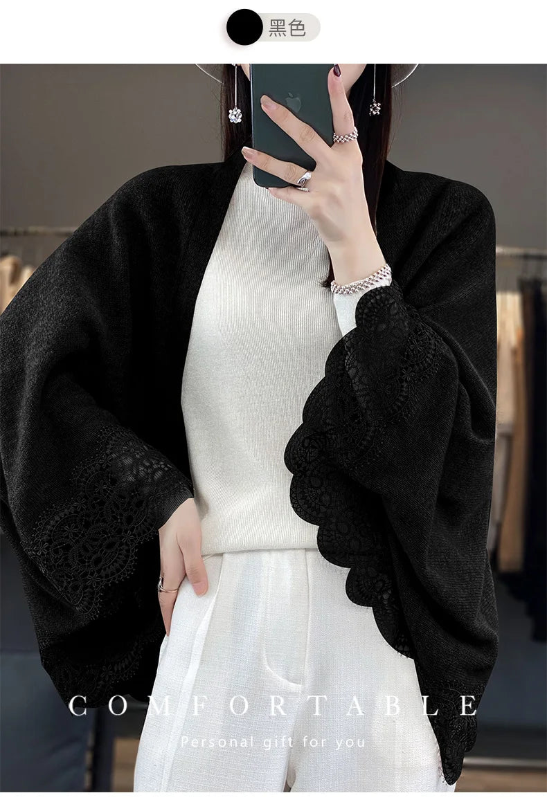 Popular Lace Edge 100% Wool Knitted Shawl Spring Autumn Thin Women's Soft, Skin friendly, Breathable, and Fashionable Cardigan