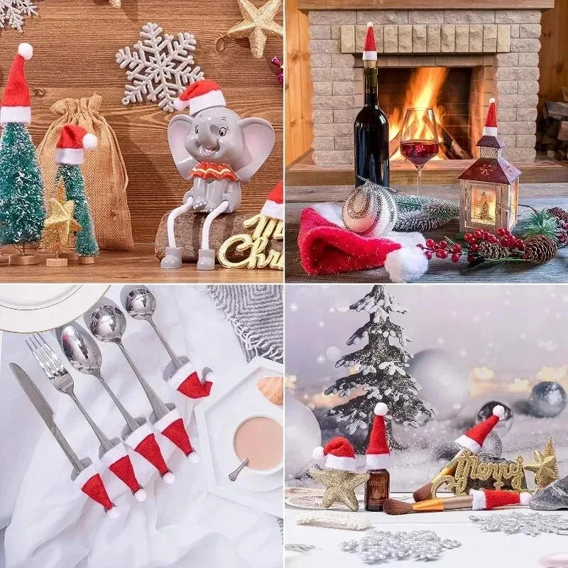 5-200Pcs Mini Santa Hat Non-Woven Fabric Lollipop Cap Christmas Wine Bottle Covers Xmas Bottles Holder Table Dinner Decorations