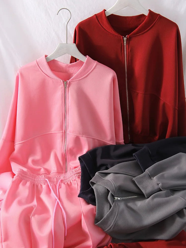 Gray Straight Pants Two Pieces Sets Women Outfit Long Sweatpants Street Wear Zipper Jacket Track Suits Sweatshirt Sets For Women
