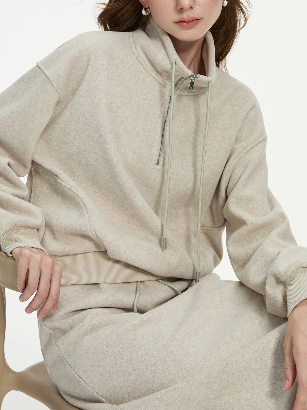 FSLE Women Sweatshirt Set Winter Thick Grey Commuter Sweatshirts Elastic Waist Long Spilt A-Line Women Skirt 24FS14491+24FS14492