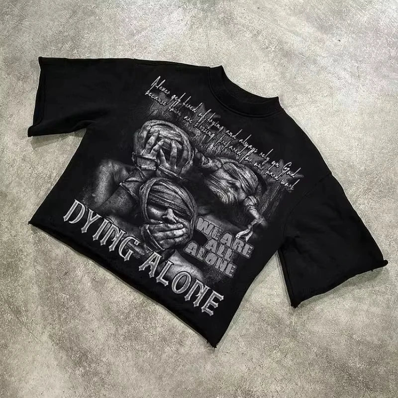 We Are All Alone Abstract Human Face Graphics Printed Cotton T-Shirt Men Y2K Short Sleeves Oversize  vintage t shirt