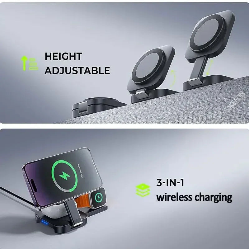 3 in 1 Tiny Foldable Wireless Charger Stand for iPhone 15 14 13 12 Pro Max Apple Watch 8 7 Holder Magnetic Fast Charging Station