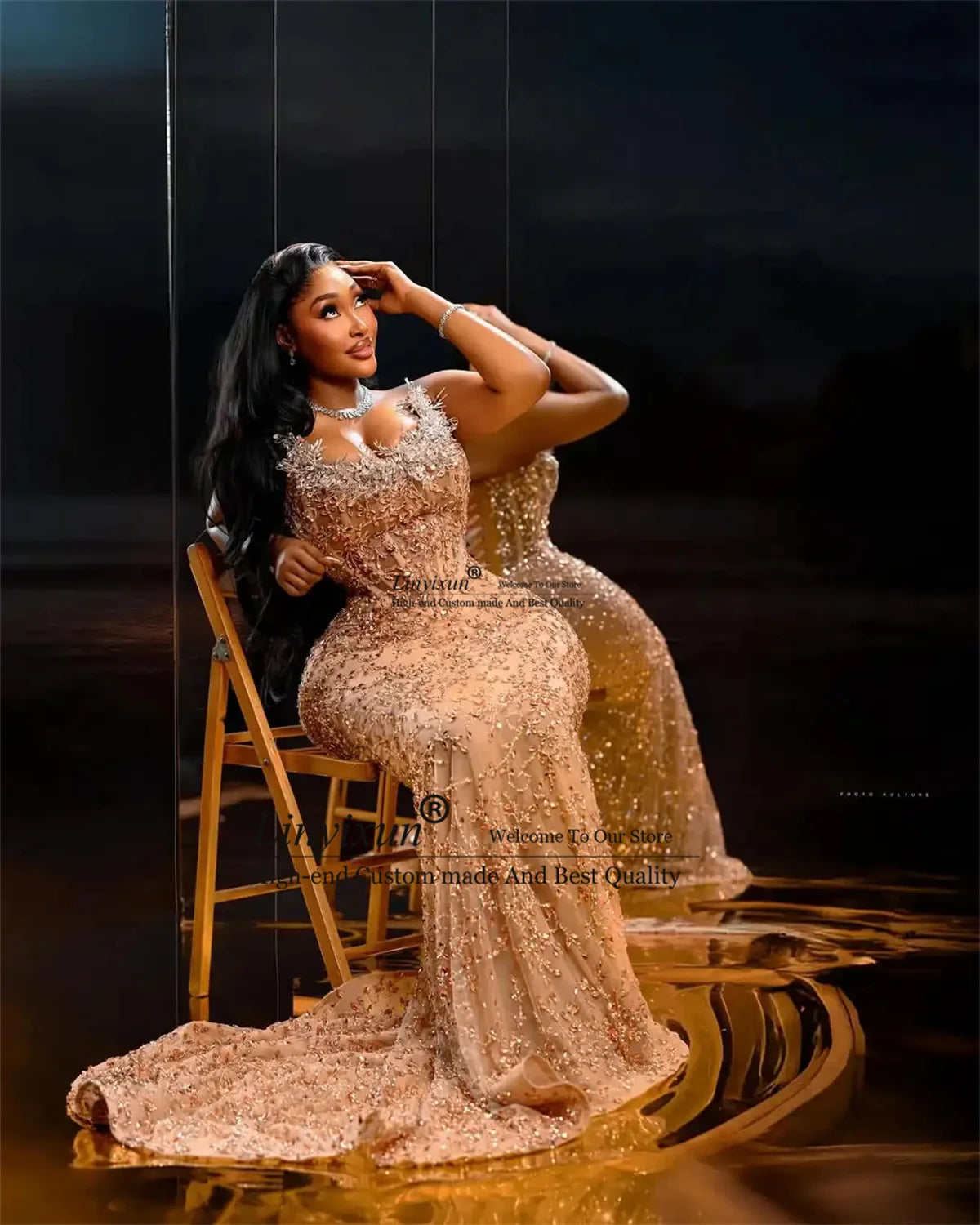 Luxury Crystals Beaded Mermaid Prom Dress Customized Aso Ebi 3D Floars Evening Party Gown African Dubai Long Robe De Soire