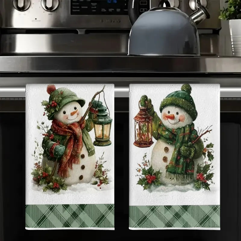2Pcs, Green Christmas Snowman Kitchen Towels, 40Cm*60Cm Towel Set, Super Absorbent Soft Cleaning Cloth, Cooking and Baking Tea Towel, Hand Towel, Cleaning Cloth, Dishwashing Cloth, Kitchen Decoration, Living Room Decorations,