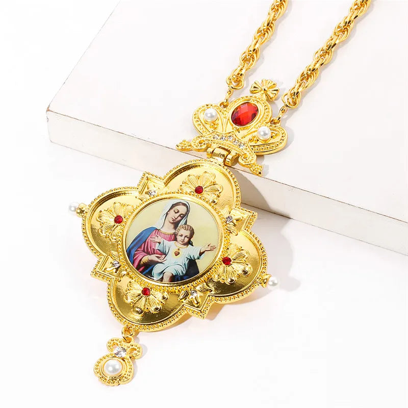 Orthodox Church Jewelry Cross Necklace Jesus Virgin Mary Long Chain High Quality Religious Necklace Christian Gift for Priest