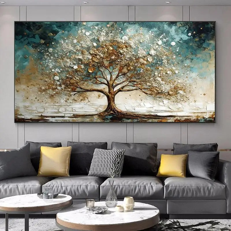 Elegant Abstract Gold and Blue Winter Tree Canvas Painting  Rich Landscape Wall Art for Living Room Decor  Premium Tree Posters