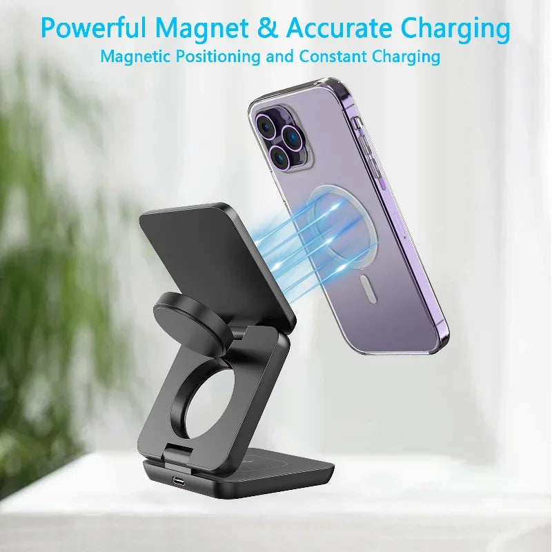 3 in 1 Foldable Magnetic Wireless Charger Stand Macsafe for iPhone 15 14 13 12 Apple Watch 8 7 6 Airpods Fast Charging Station