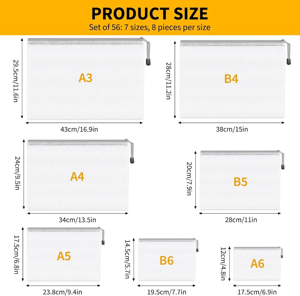 56-Pack Waterproof PVC Mesh Zipper Pouch  A3/A4/A5/A6/B4/B5/B6  Size File Document Pockets Bill Bags Folders for Office Home Stationery Supply