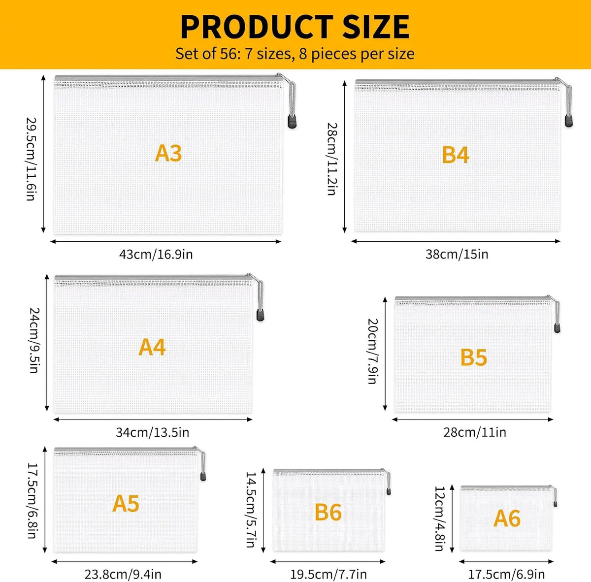 56-Pack Waterproof PVC Mesh Zipper Pouch  A3/A4/A5/A6/B4/B5/B6  Size File Document Pockets Bill Bags Folders for Office Home Stationery Supply