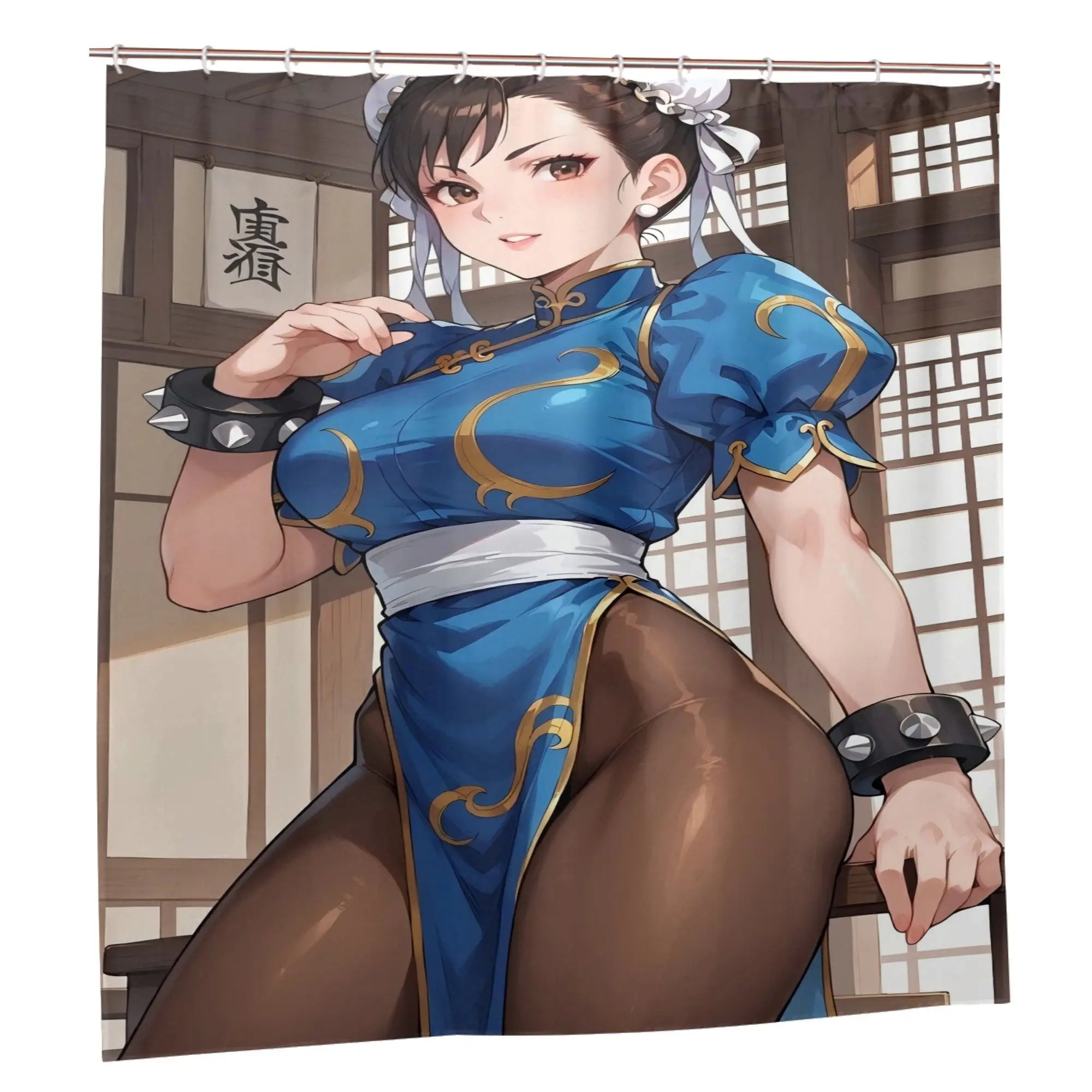 Chun Li Anime Inspired Fashion Shower Curtain with Hooks, Removable & Durable Polyester Bathroom Decor, Machine Washable, Elegan