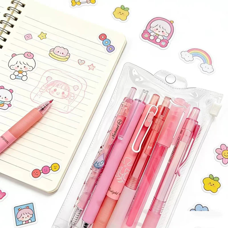 Cute Pink Retractable Gel Pens Highlighter Set 0.5mm Black