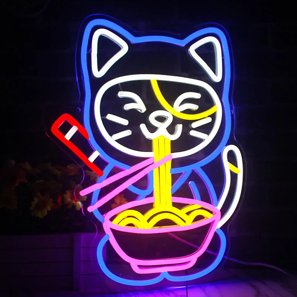 Ramen Cat Neon Sign, Bright LED for Restaurant and Cafe Decor, Japanese Kitchen Wall Art, Cat Lover Gift, Party Decoration