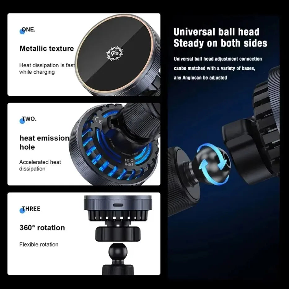 QI2 Real 15W Magnetic Car Wireless Charger Cooling RGB Light Clip Holder For Magsafe iPhone 16 15 14 13 12 Pro Max Fast Charging
