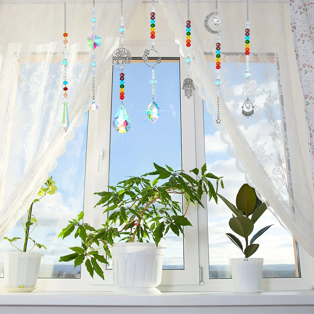 7 Pieces Sun Catcher Crystals Colorful Hanging Prism Suncatcher Window Ornament Beads Chain Sphere Chandelier Pendants for Home
