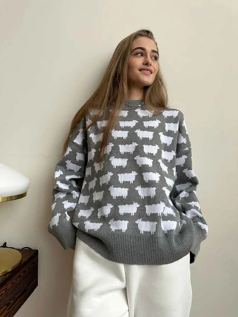 Sheep Printing Elegant Women Sweater Warm Knitted Classic O-Neck Pullover Tops 2024 Autumn Winter Long Sleeve Streetwear Sweater