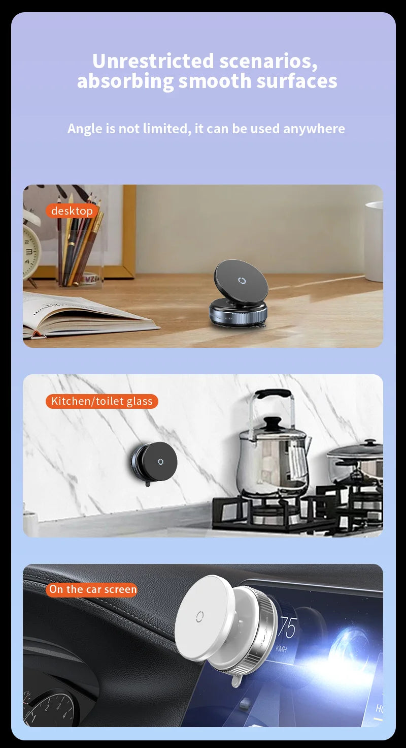 Universal Car Phone Holder Vacuum Suction Cup Strong Magnetic Adsorption 360°Phone Bracket For Gym Kitchen Car Navigation Stand