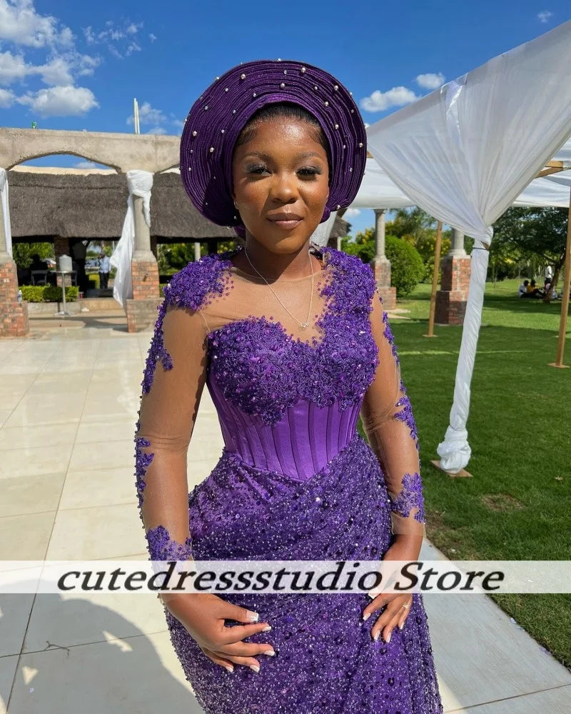 Dark Purple Beaded Applique Evening Dresses Customized Aso Ebi Sheer Collar Long Mermaid Wedding Party Dress Prom Gown For Women